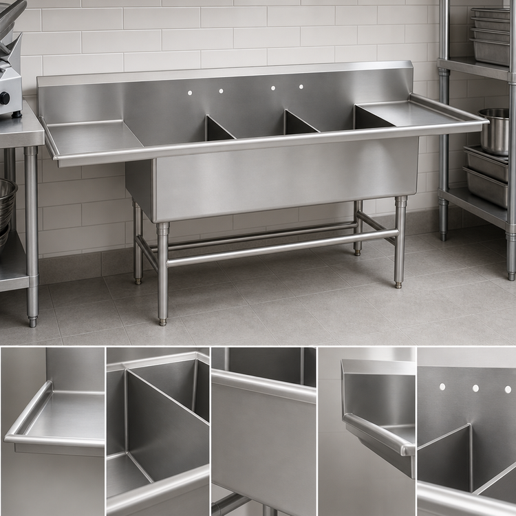 Product image #3 for Spec-Master FFN2754-3-24-14/3 Three Compartment Stainless Steel Flush Front Commercial Sink with 24 Inch Drainboards