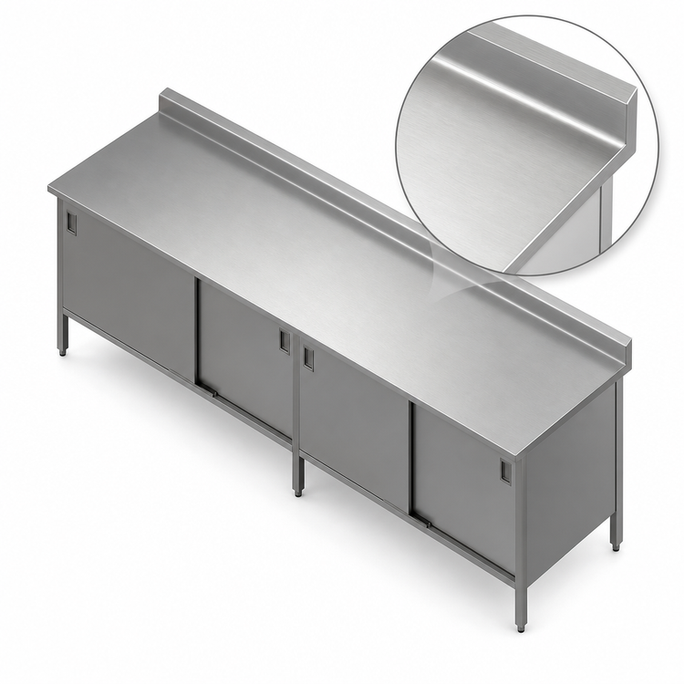 Product image #3 for John Boos Enclosed Base Work Table with Sliding Doors, 96 x 24 Inch, 16-Gauge 300 Series Stainless Steel Top, 5-Inch Backsplash