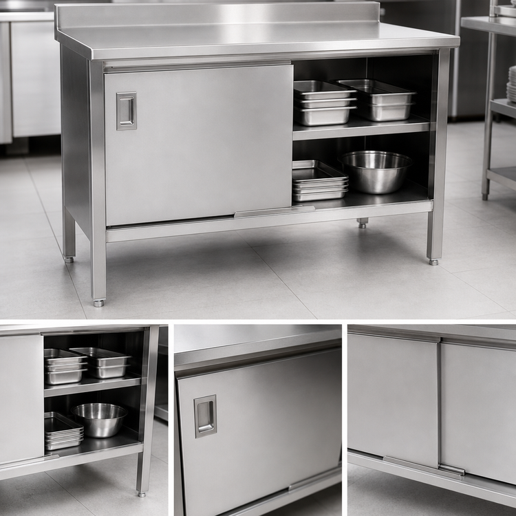 Product image #3 for John Boos Enclosed Work Table with Sliding Doors, 72 x 24 Inch, 14-Gauge 300 Series Stainless Steel Top, 5 Inch Backsplash