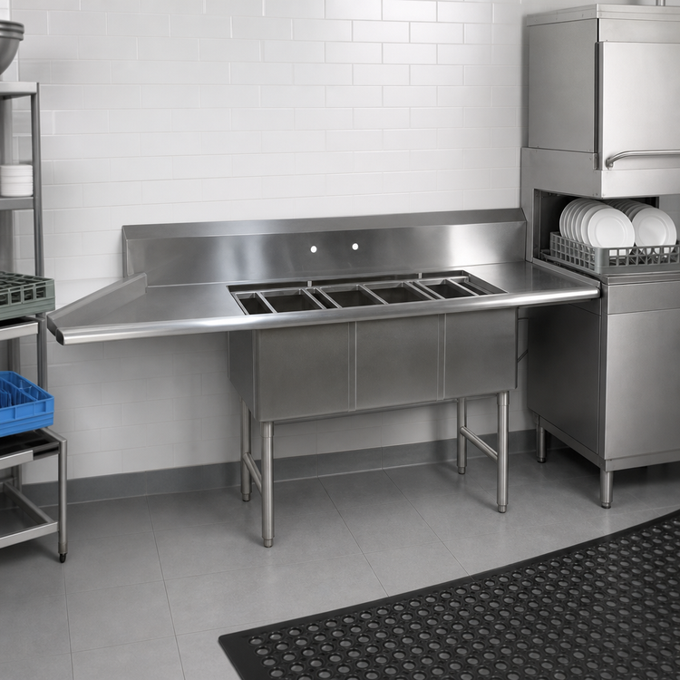 Product image #3 for John Boos Straight Stainless Steel Dishtable/Pot Sink with 3 Compartments, 2 Drainboards and Right-Side Dish Machine Attachment