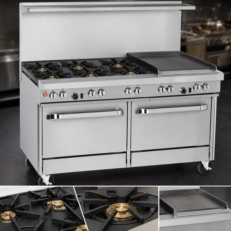 Product image #3 for 60-Inch Commercial Gas Restaurant Range with 5 Open Burners, 24-Inch Griddle, Standard Oven, and Convection Oven