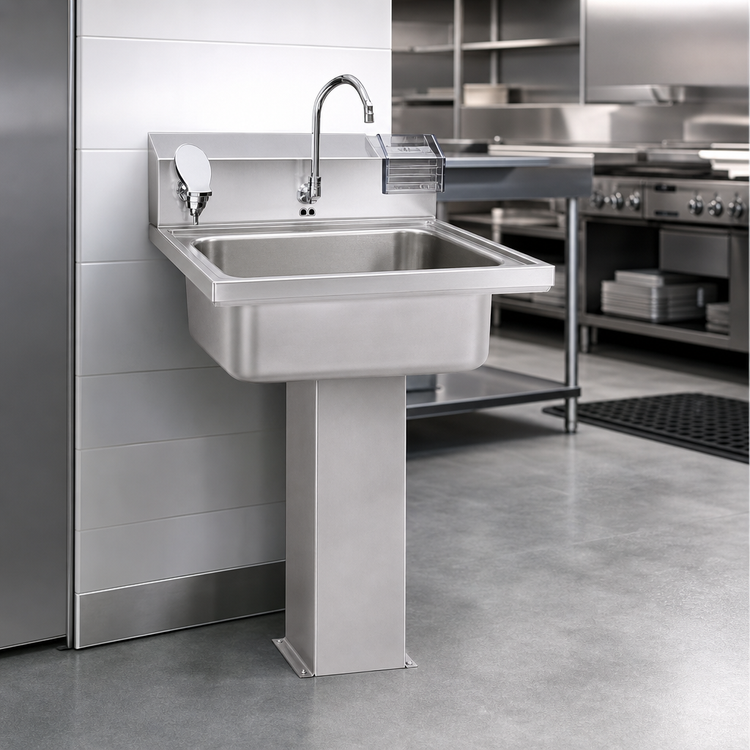 Product image #3 for Eagle Group Pedestal-Mount Lavatory Hand Sink with Electronic Eye Gooseneck Spout, Soap Dispenser & Basket Drain