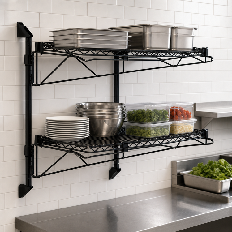 Product image #3 for Quantum Cantilever Double-Shelf Wall-Mounted Shelving Unit, 2 x 60 x 24 Inches, Black Epoxy Finish