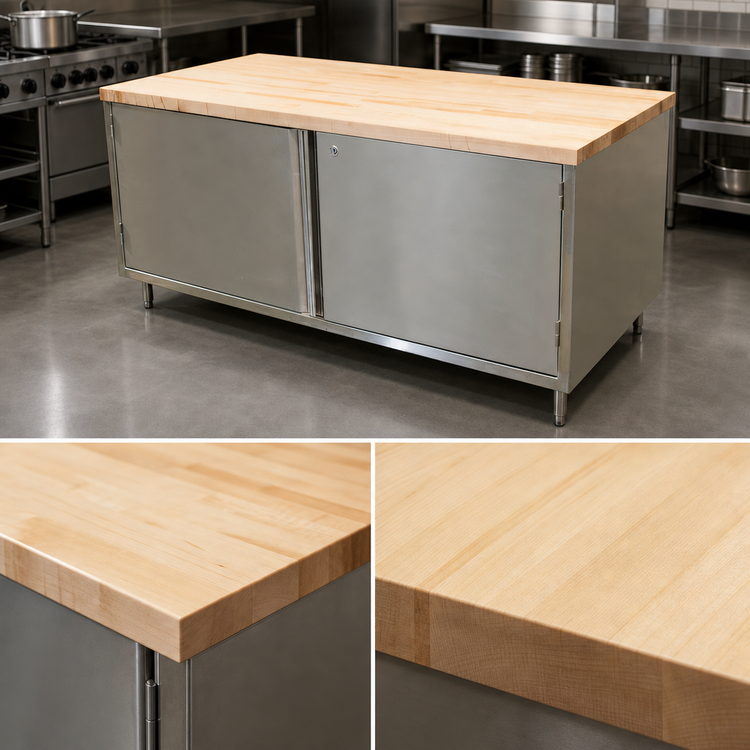 Product image #3 for BK Resources 72"W x 36"D Hard Maple Top Chef Table with Stainless Steel Cabinet Base and Locking Hinged Doors