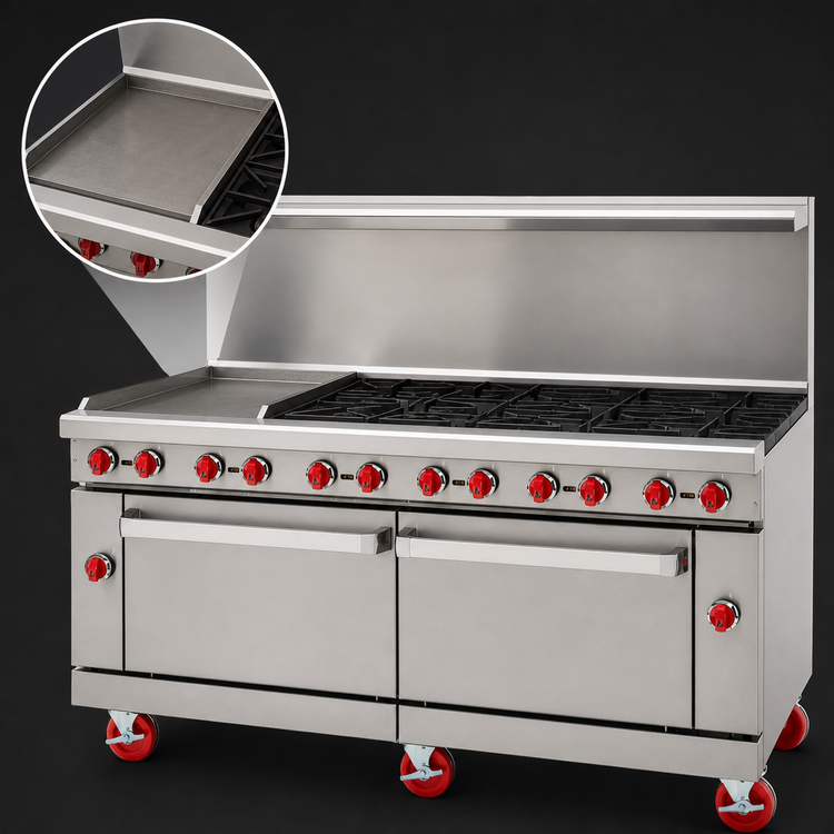 Product image #3 for American Range AR-24G-8B 72-Inch Gas Restaurant Range with 24-Inch Left Griddle, 8 Open Burners, and 2 Standard Ovens
