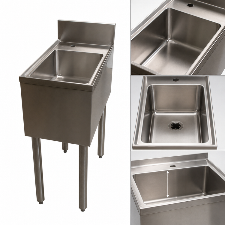 Product image #4 for BK Resources Underbar Stainless Steel Dump Sink with 1 Compartment and 10 Inches Wide x 14 Inches Front-to-Back x 6 Inches Deep Bowl