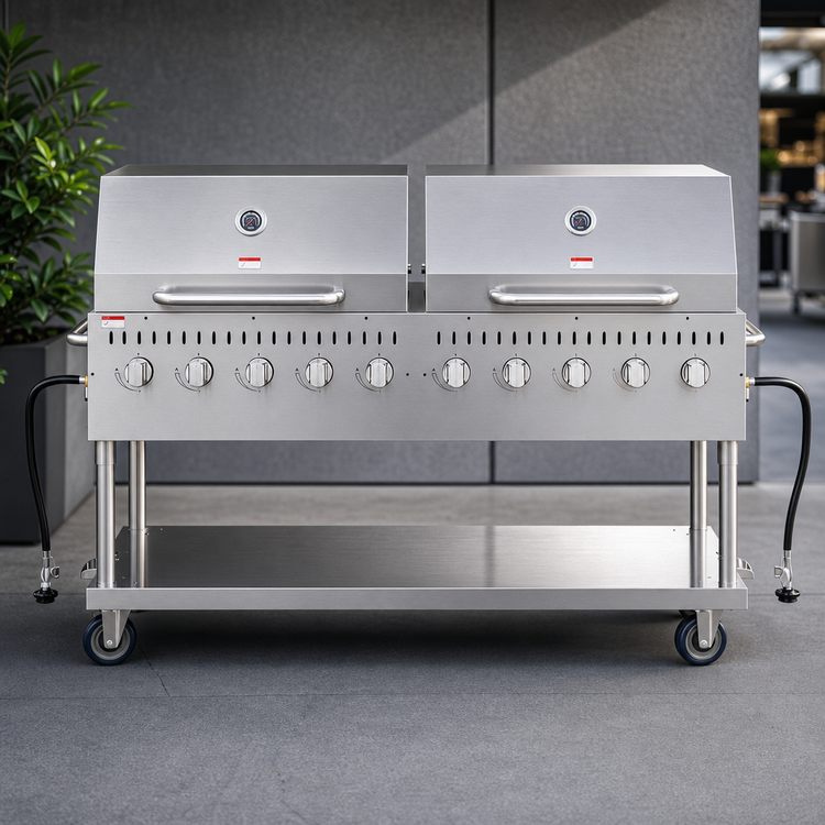 Product image #3 for KoolMore 72-Inch Mobile 10-Burner Commercial Outdoor Propane Grill with Two 36-Inch Roll Dome Covers