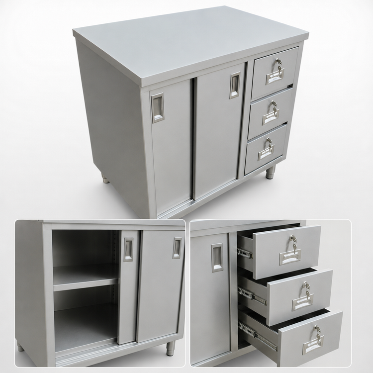 Product image #3 for Omcan USA Enclosed Stainless Steel Work Table with Sliding Doors and 3 Drawers, 48 x 24 x 36 Inches