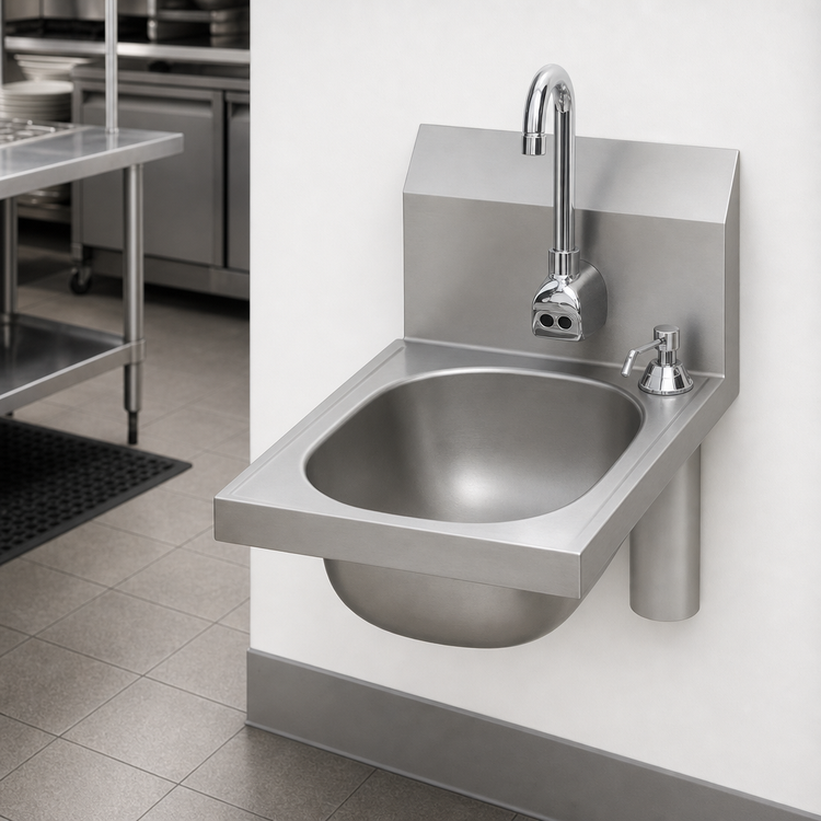 Product image #3 for Eagle Group Wall-Mounted 304 Stainless Steel Hand Sink with Battery-Powered Electronic Faucet, Basket Drain, and Soap Dispenser