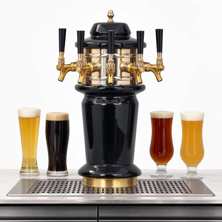 Product image #3 for Glastender Monaco 4-Faucet Air-Cooled Draft Dispensing Tower with Mirror Finish and Surface-Mount Drain Pan