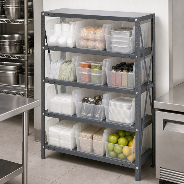 Product image #3 for Quantum Heavy-Duty Stationary Wire Shelving Unit with 4 Shelves and 9 Clear Bins, 36 x 12 x 39 Inches