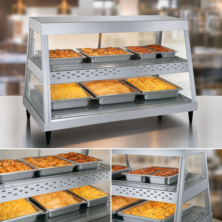 Product image #3 for Hatco Glo-Ray® Electric Countertop Heated Display Case, 3-Pan Dual Shelf, See-Thru, Rear Sliding Doors