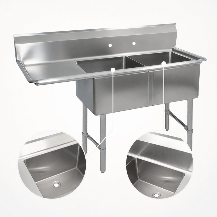 Product image #3 for BK Resources Two Compartment Stainless Steel Compartment Sink with Left Drainboard, 24" x 24" x 14" Bowls