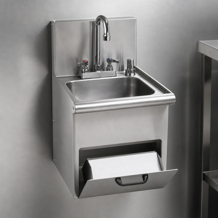 Product image #3 for Eagle Group Space Saver Wall-Mounted Hand Sink with Towel Dispenser, Faucet, Soap Dispenser, and Basket Drain