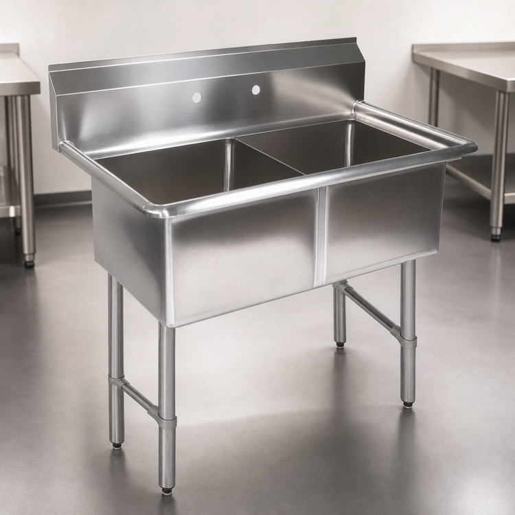 Product image #3 for BK Resources 37-Inch Two-Compartment Stainless Steel Sink with 9-Inch Backsplash and 16 x 20 x 12 Bowls