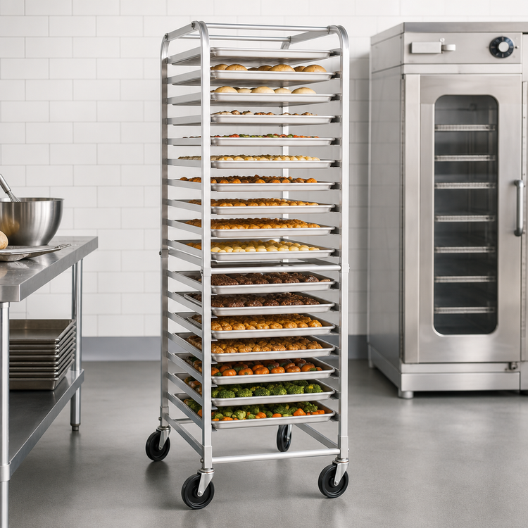 Product image #3 for Omcan USA Full-Size Mobile Aluminum Pan Rack with Curved Top, 20-Pan Capacity