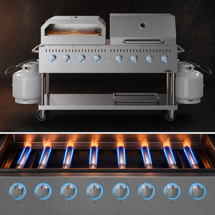Product image #3 for KoolMore Commercial Mobile Outdoor Propane Charbroiler Grill with 8 Burners, 30-Inch Roll Dome Cover, and Pizza Oven