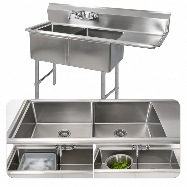 Product image #3 for BK Resources Two-Compartment Stainless Steel Compartment Sink with Right Drainboard, 54-3/16 Inch Wide