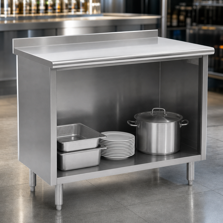 Product image #3 for Spec-Master Underbar Open Front Cabinet Base Work Table, 72 x 24 Inches, 14-Gauge 304 Stainless Steel Top, 1-1/2 Inch Rear Up-Turn