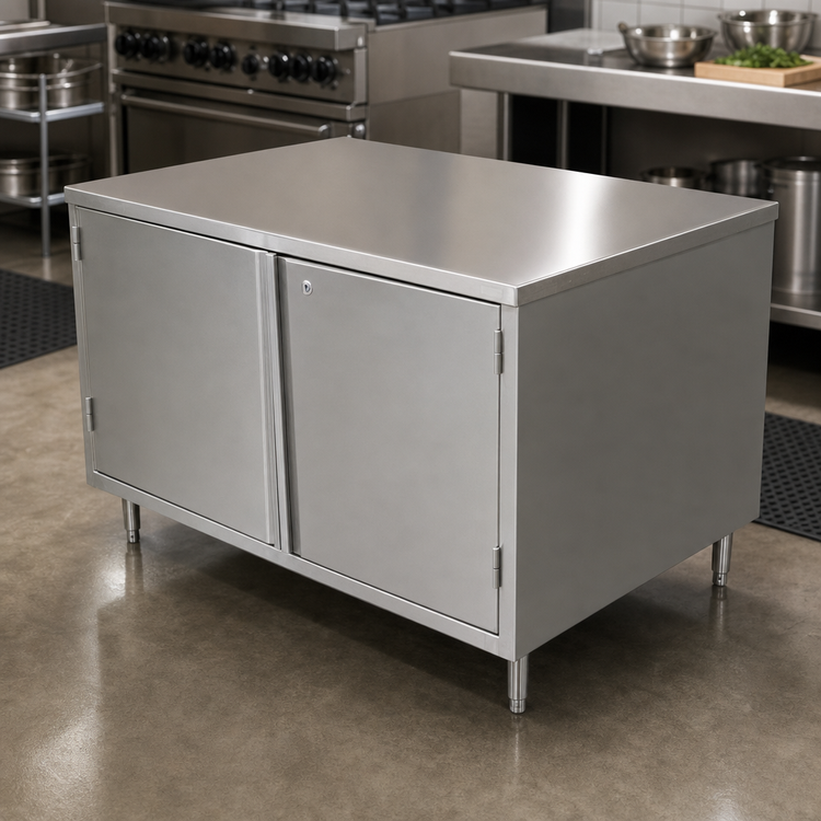Product image #3 for BK Resources 60-Inch x 24-Inch Single-Sided Stainless Steel Chef Table with Cabinet Base and Hinged Doors