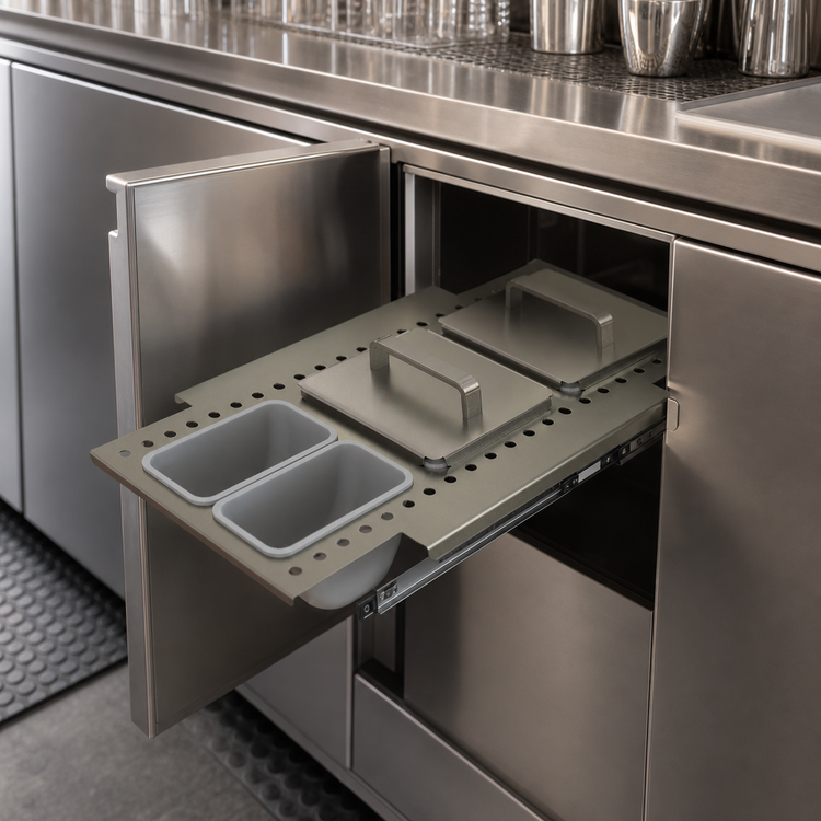 Product image #3 for Glastender Underbar Full-Size Condiment Drawer Insert for 12-Inch Door Opening, Side-Serviced, Low Profile, 6 Cups
