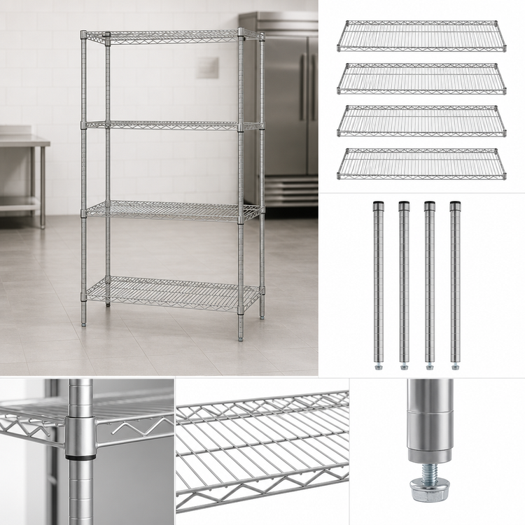 Product image #3 for Quantum Wire Shelving Starter Kit — 54 Inches W x 14 Inches D x 63 Inches H, Chrome, 4 Shelves, 600–800 Pounds Capacity
