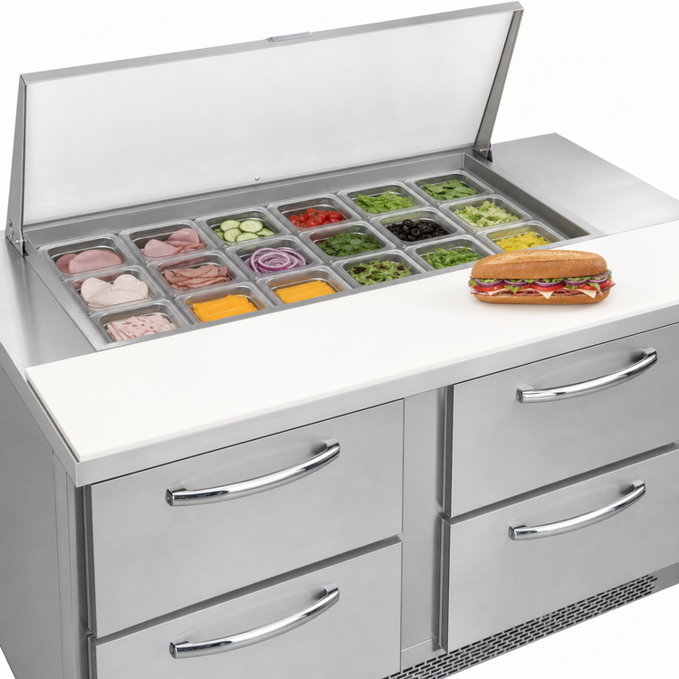 Product image #3 for Continental Refrigerator D60N18M-FB-D Designer Line Mighty Top 60 inch Two-Section Sandwich Prep Refrigerator with Drawers