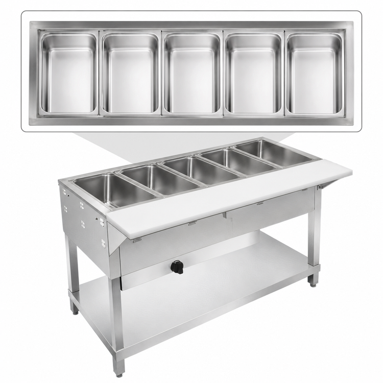 Product image #3 for Klinger's Trading WB5H Gas 5-Well Open Well Steam Table with Open Shelf Base and 8-Inch Serving Board