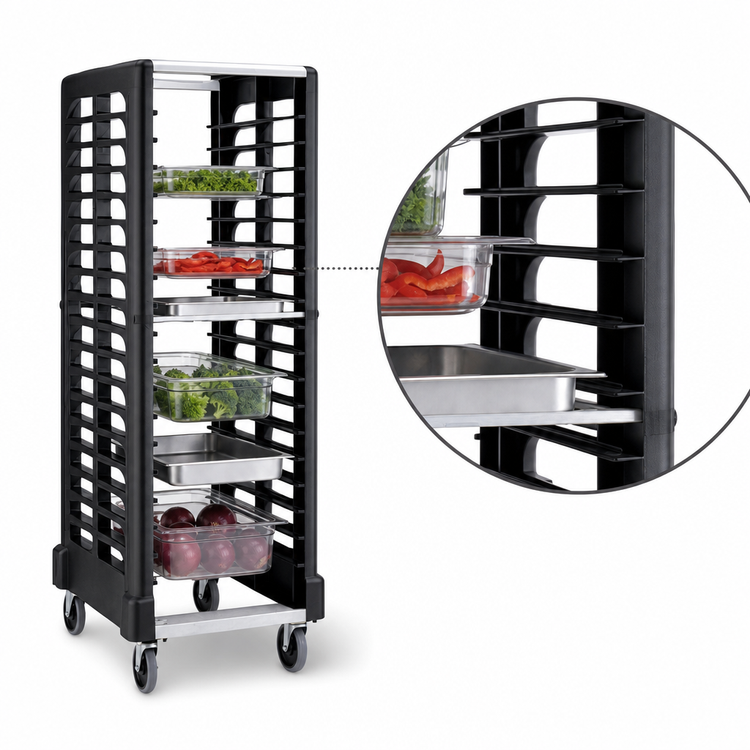 Product image #3 for Rubbermaid Commercial Max System 18-Slot End-Load Food Box and Sheet Pan Rack with Casters, Black