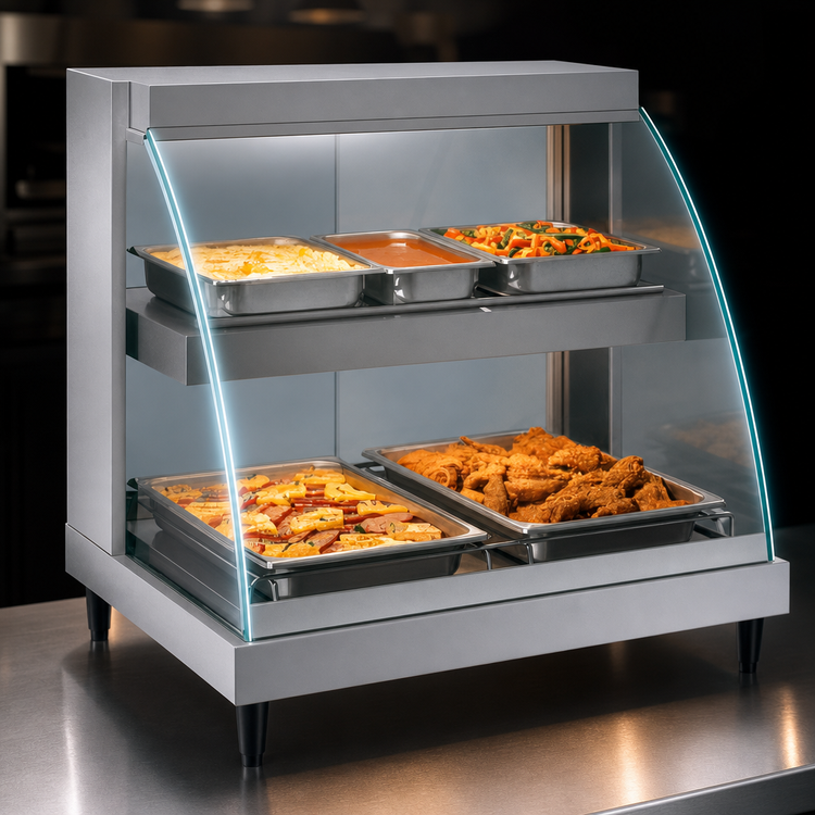 Product image #3 for Hatco Glo-Ray Designer 1-Pan Dual-Shelf Countertop Heated Display Case, Curved Glass