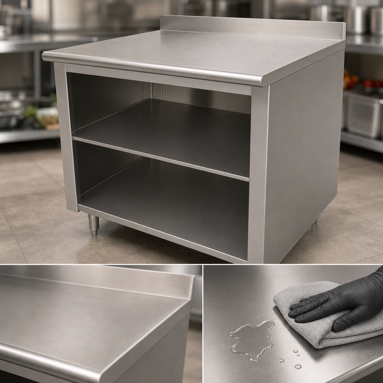 Product image #3 for Advance Tabco 60 Inch x 30 Inch Work Table with Open Front Cabinet Base, Mid-Shelf, 14 Gauge 304 Stainless Steel Top, and 1-1/2 Inch Rear Up-Turn
