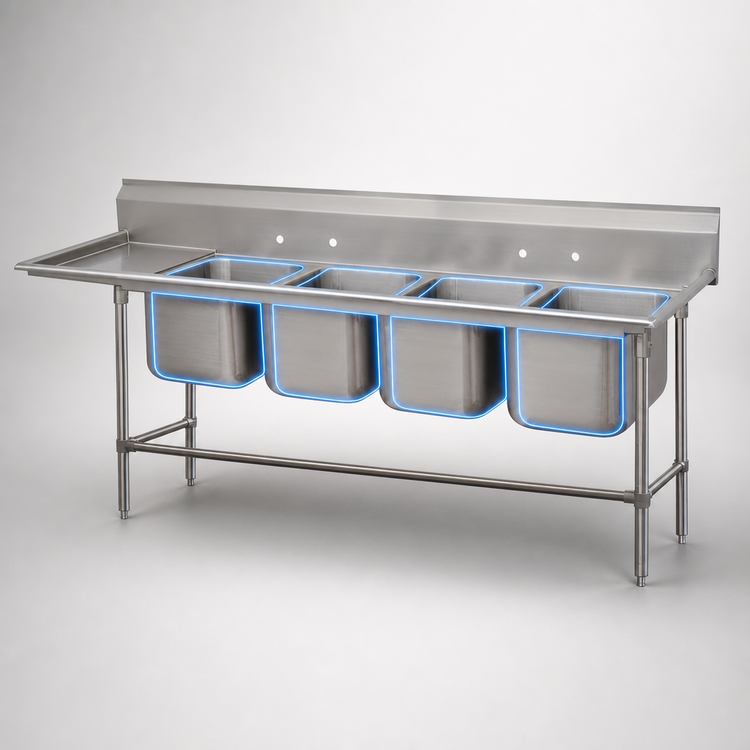 Product image #3 for Advance Tabco Regaline 4-Compartment Deep Drawn Sink with Left-Hand 18-Inch Drainboard, 96-Inch Overall Length, 16 x 20-Inch Bowls