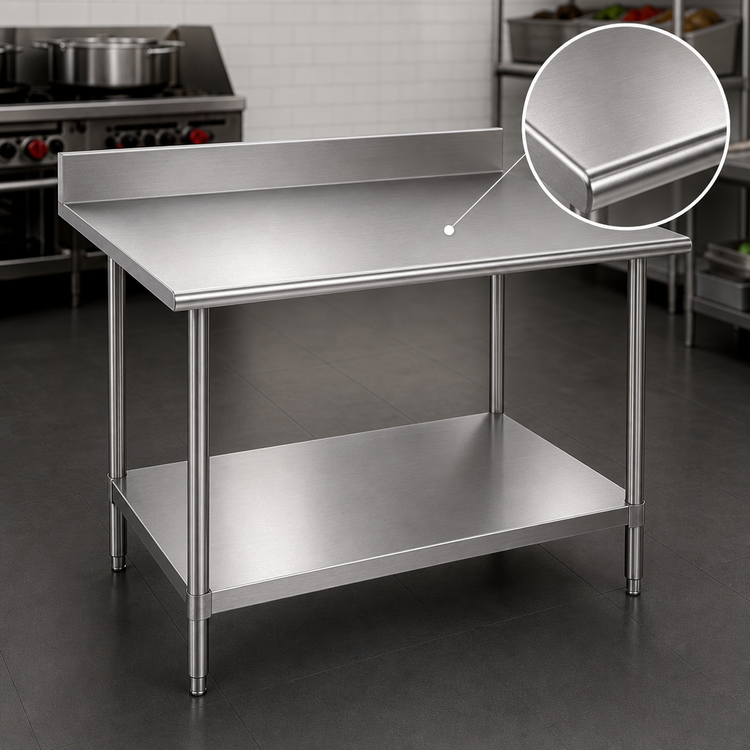 Product image #3 for Advance Tabco KAG-365 60" x 36" 16 Gauge 430 Stainless Steel Work Table with 5" Backsplash and Adjustable Undershelf