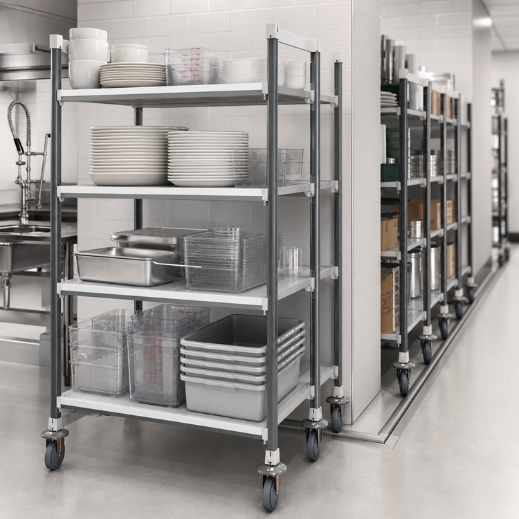 Product image #3 for Cambro Camshelving Elements XTRA High Density Mobile Starter Unit, 21 x 60 x 78 1/4 Inches, 4-Shelf Solid, Speckled Gray