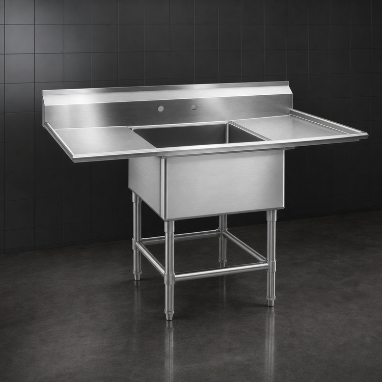 Product image #3 for Spec-Master FN Series 1-Compartment 14-Gauge 304 Stainless Steel Sink with Left and Right 30-Inch Drainboards, 82 Inch W x 35 Inch D