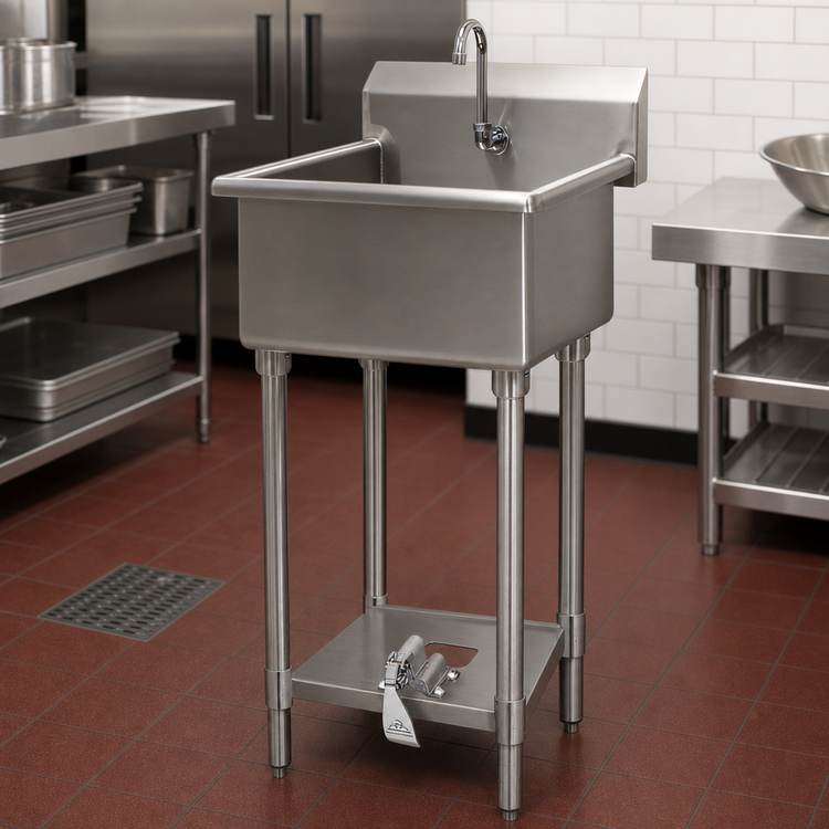 Product image #3 for Advance Tabco Floor-Mounted Stainless Steel Service Sink with Toe-Push Faucet and Gooseneck Spout, 27 x 21-1/2 x 42-1/2 Inches