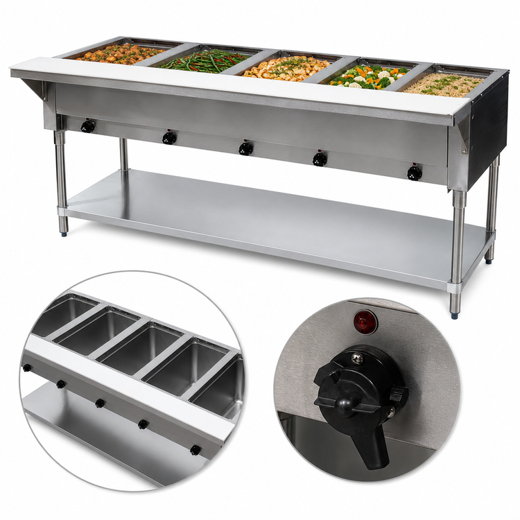 Product image #3 for Advance Tabco Triumph Supreme 77-3/4-Inch Electric Hot Food Table with 5 Sealed Wells, Poly Cutting Board, and Open Galvanized Base