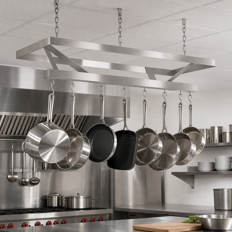 Product image #3 for Ceiling-Mounted Triple-Bar 304 Stainless Steel Pot Rack with Chains and Hooks, 60 x 22 Inches
