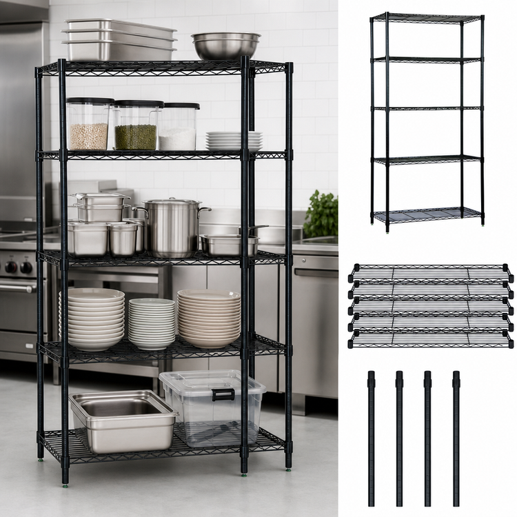 Product image #3 for Quantum 5-Shelf Wire Shelving Starter Kit, 48W x 12D x 54H, Black Epoxy Antimicrobial Finish