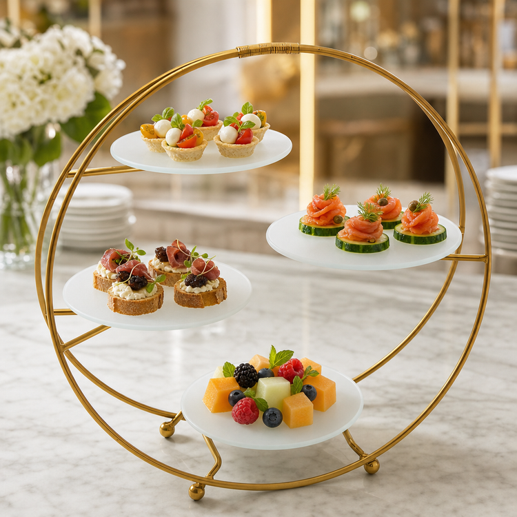 Product image #3 for American Metalcraft Round Four-Tier Gold Buffet Stand with Built-In Frosted Glass Plates and Carry Handle