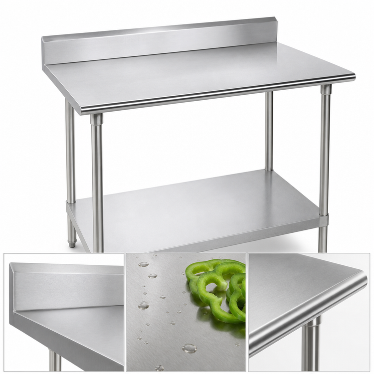 Product image #3 for Advance Tabco 60"W x 36"D 14-Gauge 304 Stainless Steel Work Table with 5" Backsplash and Galvanized Undershelf