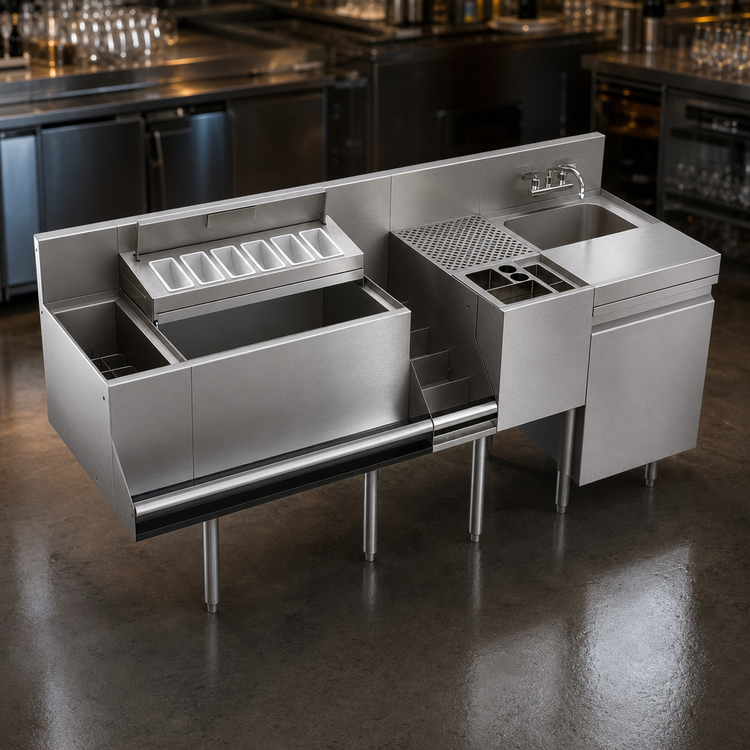 Product image #3 for Krowne Royal Series 70-Inch Stainless Steel Underbar Hand and Dump Sink Workstation with 24-Inch Ice Bin, 10-Circuit Cold Plate, Elixir Well, and Cabinet Below