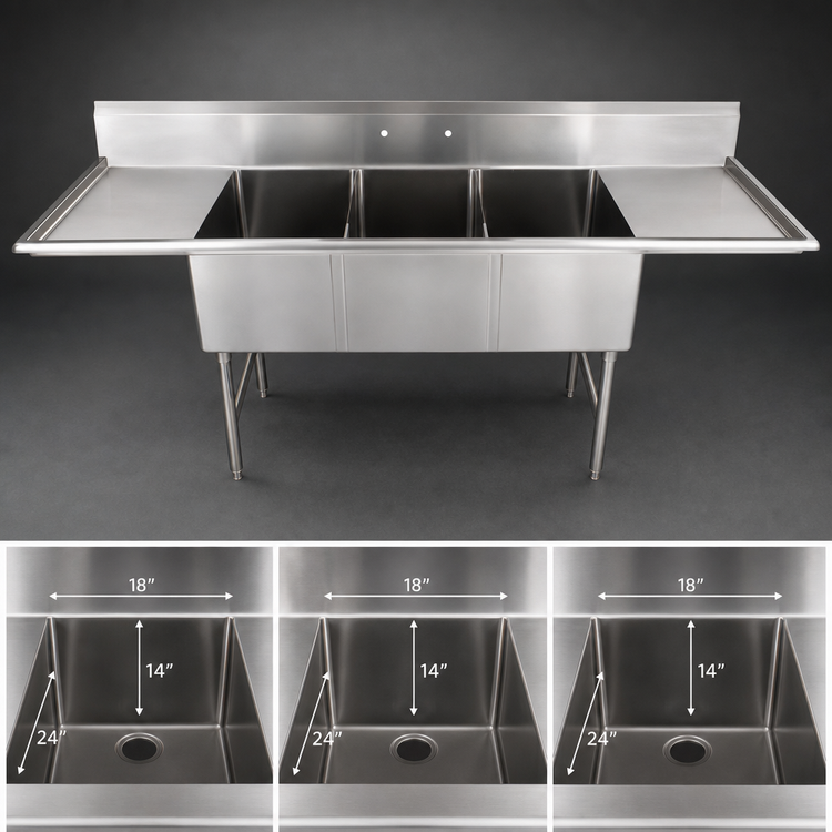 Product image #3 for John Boos B Series 3-Compartment Stainless Steel Sink with Left and Right Drainboards
