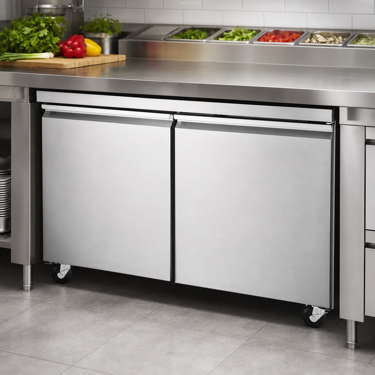 Product image #3 for Omcan Aurora 48-Inch Undercounter Reach-In Refrigerator, 2-Section, 11.3 Cu. Ft., Solid Doors, Stainless Steel, Rear-Mounted Self-Contained