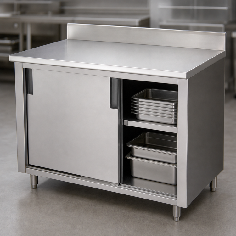 Product image #3 for Advance Tabco Enclosed Work Table with Cabinet Base and Sliding Doors, 48 x 36 Inches, 14-Gauge 304 Stainless Steel Top, 5-Inch Backsplash