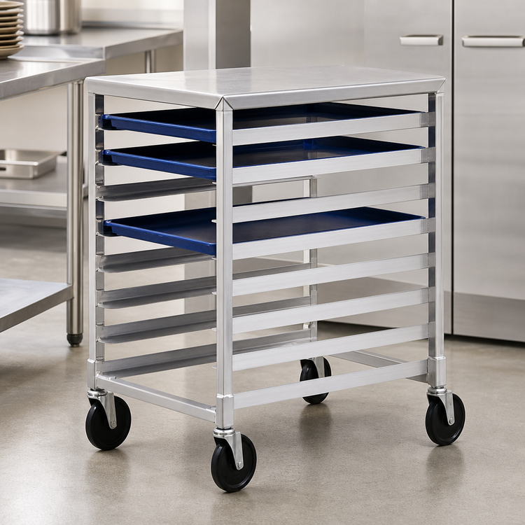 Product image #3 for Mobile Undercounter Aluminum Bun Pan Rack with Stainless Steel Top, 8-Pan Capacity