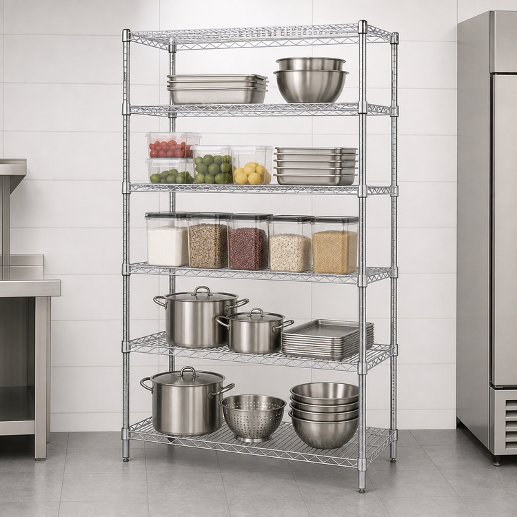 Product image #3 for Quantum Stationary Chrome-Plated Wire Shelving Starter Kit, 54 x 21 x 63 Inches, 5 Shelves