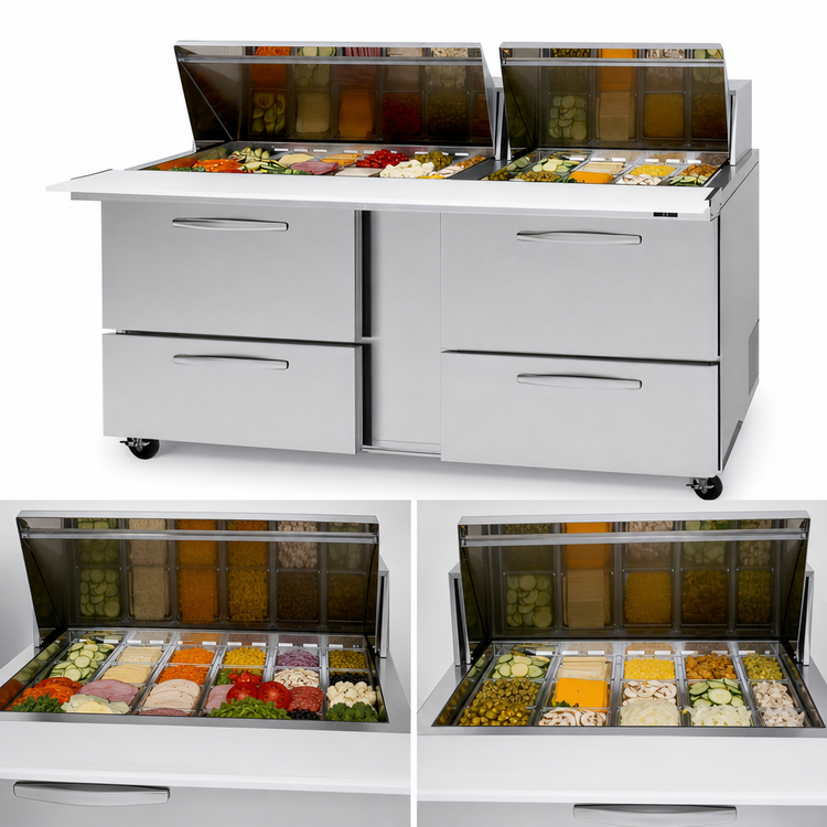 Product image #3 for Turbo Air PRO Series 72-5/8-Inch 2-Section Mega Top Sandwich/Salad Prep Table with Slide Lids, 4 Drawers, and Rear-Mount Self-Contained Refrigeration