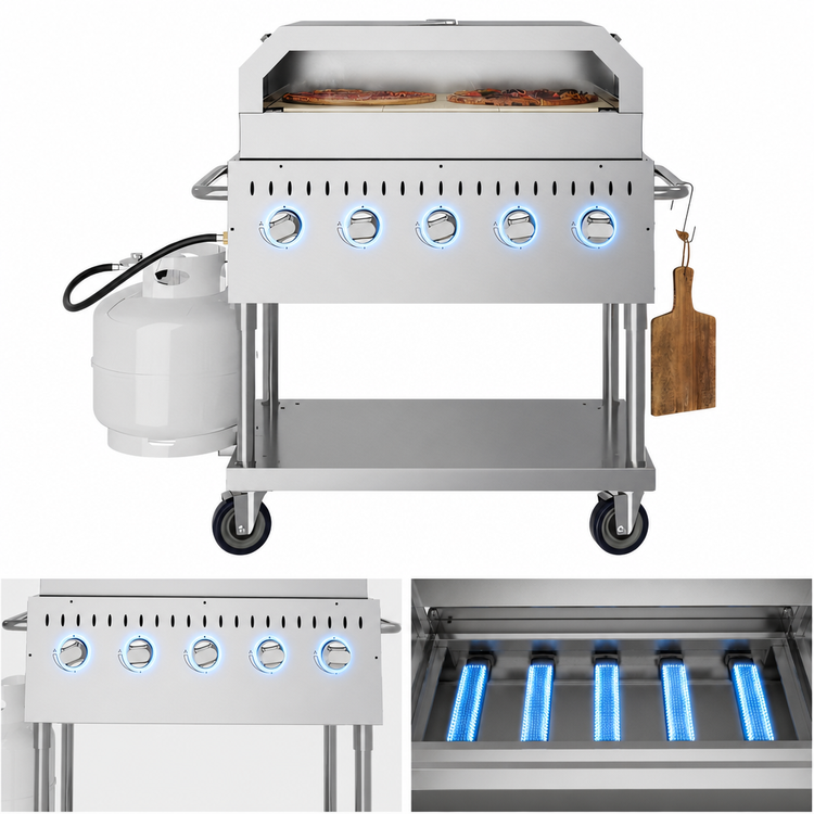 Product image #3 for KoolMore Commercial Outdoor Mobile 5-Burner Propane Charbroiler Grill with Pizza Oven