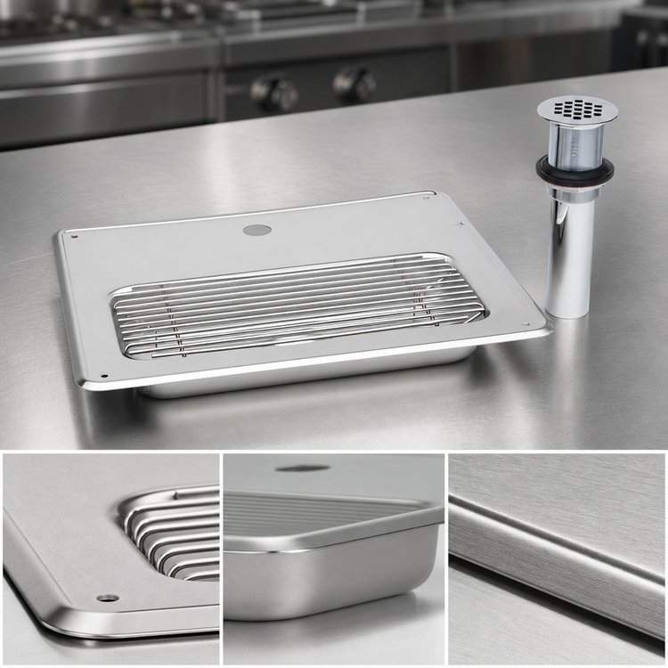 Product image #3 for T&S Brass 18 Gauge Stainless Steel Drop-In Drip Pan with Grid and 1-1/4 Inch Drain